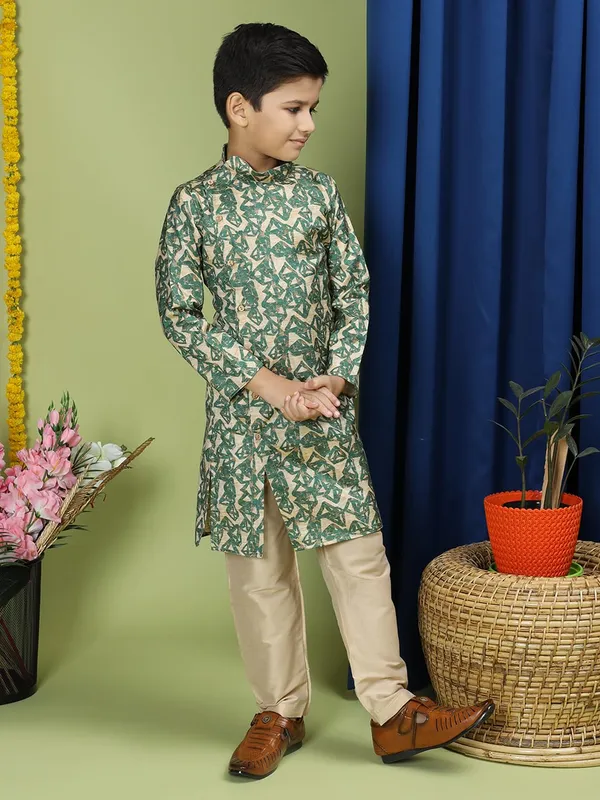 Green_Cotton_Full_Sleeve_Regular_Fit_Printed_Green_Kurta_Churidar_Set_For_Boy