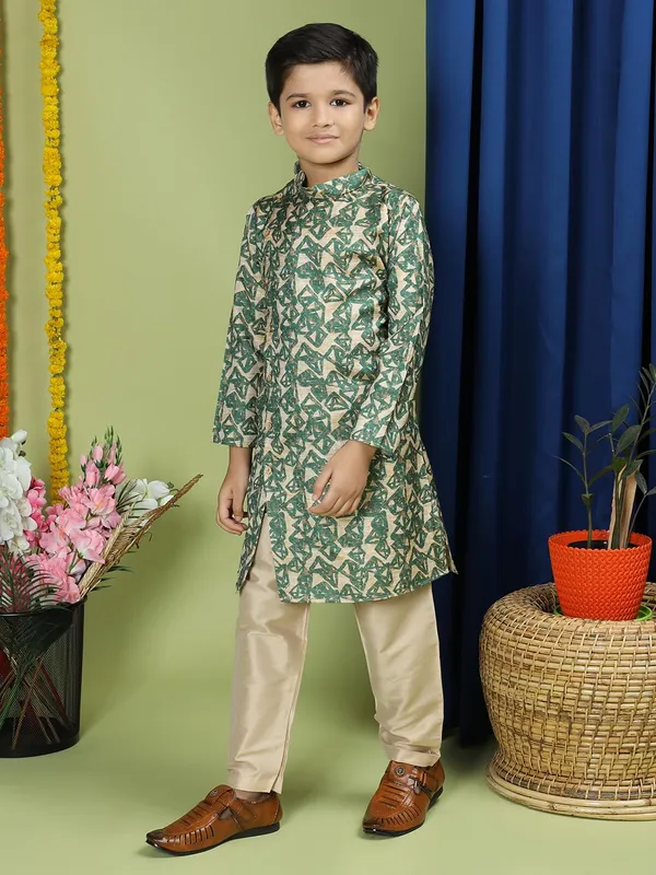 Green_Cotton_Full_Sleeve_Regular_Fit_Printed_Green_Kurta_Churidar_Set_For_Boy