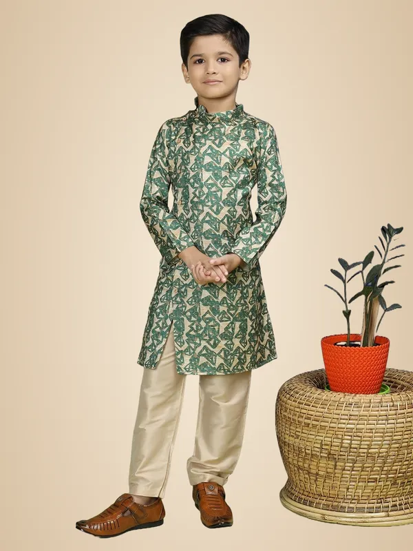 Green_Cotton_Full_Sleeve_Regular_Fit_Printed_Green_Kurta_Churidar_Set_For_Boy