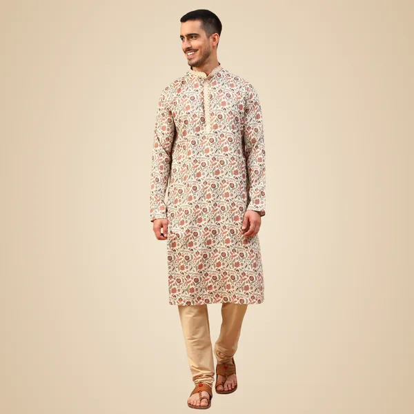 Beige_Cotton_Full_Sleeves_Regular_Kurta_Set_For_Men