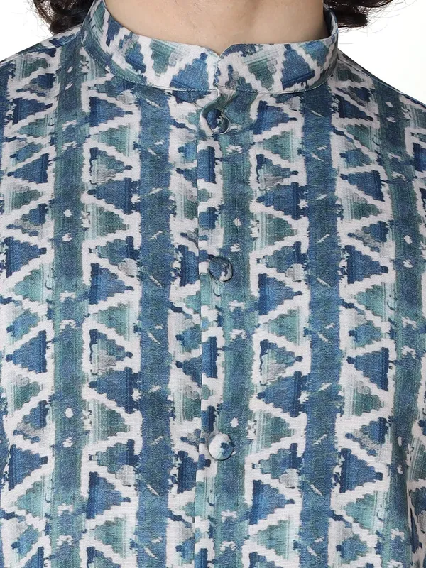 Blue_Cotton_Full_Sleeves_Regular_Printed_Kurta_Churidar_Set_For_Men