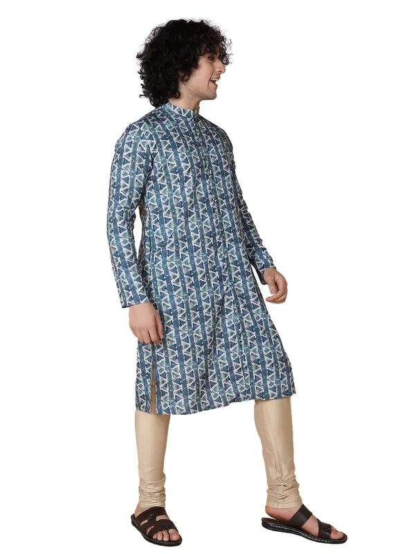 Blue_Cotton_Full_Sleeves_Regular_Printed_Kurta_Churidar_Set_For_Men