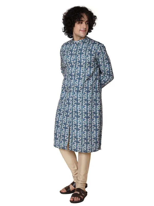Blue_Cotton_Full_Sleeves_Regular_Printed_Kurta_Churidar_Set_For_Men