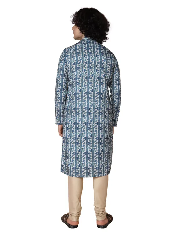 Blue_Cotton_Full_Sleeves_Regular_Printed_Kurta_Churidar_Set_For_Men