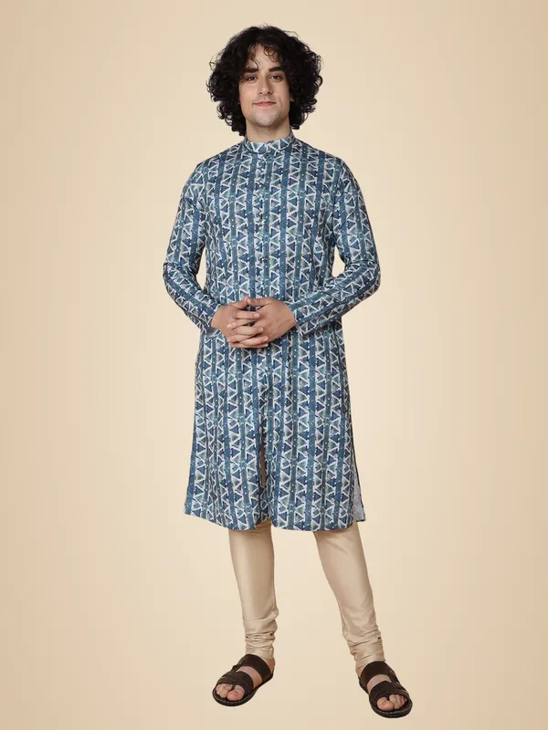 Blue_Cotton_Full_Sleeves_Regular_Printed_Kurta_Churidar_Set_For_Men