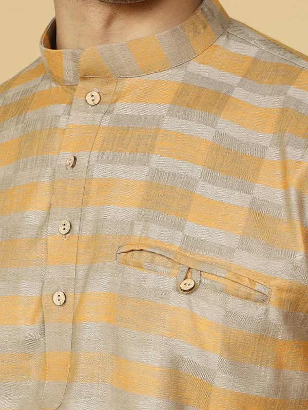 Yellow_Cotton_Full_Sleeve_Regular_Fit_Checks_Short_Kurta_For_Men