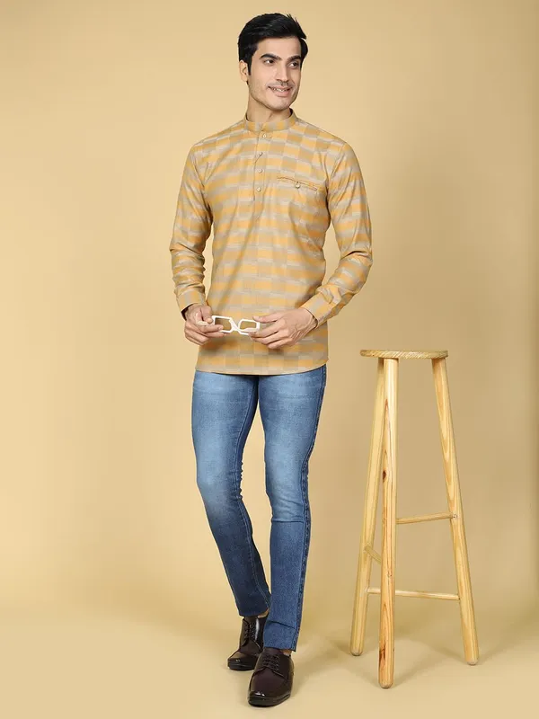 Yellow_Cotton_Full_Sleeve_Regular_Fit_Checks_Short_Kurta_For_Men