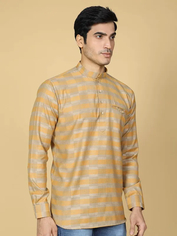 Yellow_Cotton_Full_Sleeve_Regular_Fit_Checks_Short_Kurta_For_Men