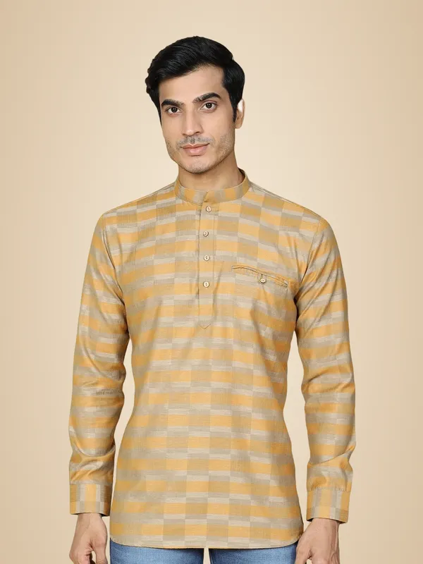 Yellow_Cotton_Full_Sleeve_Regular_Fit_Checks_Short_Kurta_For_Men