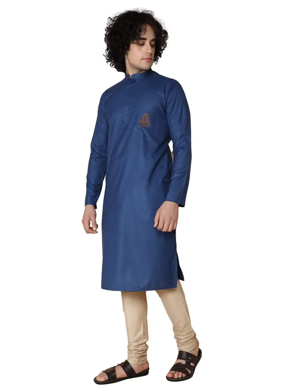 Blue_Cotton_Full_Sleeve_Regular_Fit_Embroidery_Kurta_For_Men