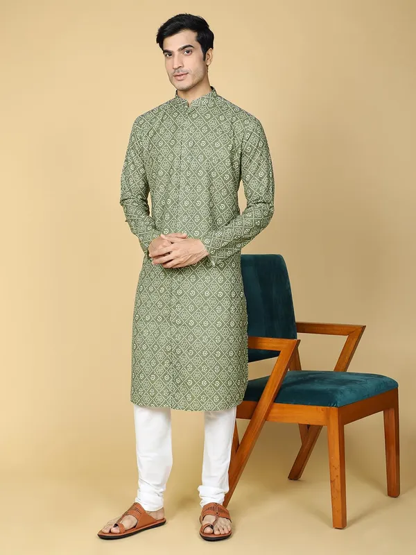 Green_Cotton_Full_Sleeves_Regular_Printed_Kurta_Set_For_Men