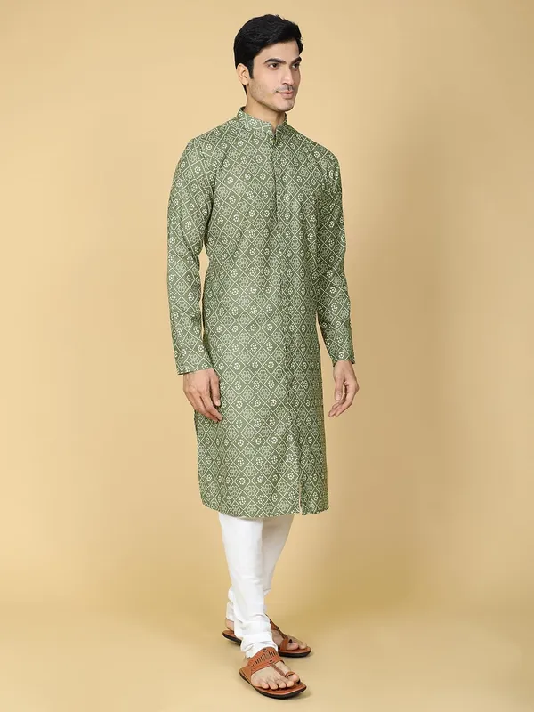 Green_Cotton_Full_Sleeves_Regular_Printed_Kurta_Set_For_Men