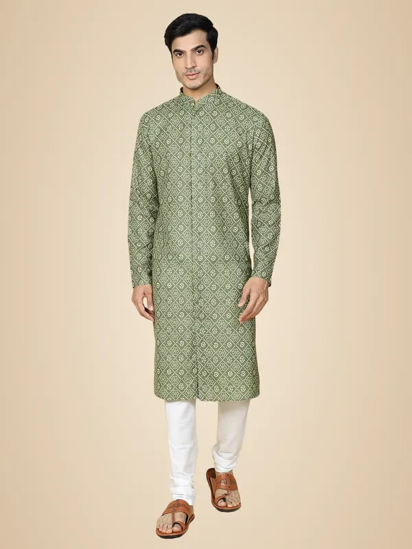 Green_Cotton_Full_Sleeves_Regular_Printed_Kurta_Set_For_Men