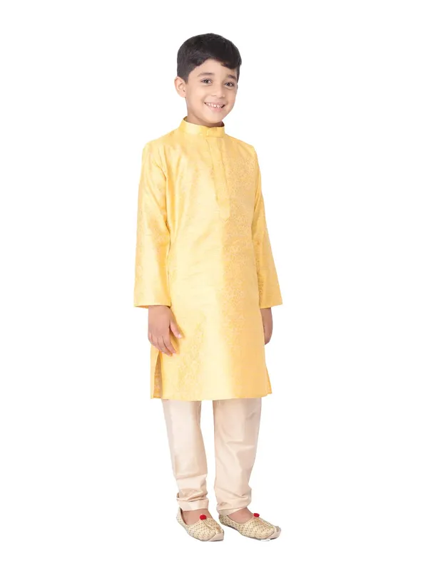 Yellow_Jacquard_Full_Sleeve_Regular_Fit_Printed_Kurta_Churidar_For_Kids