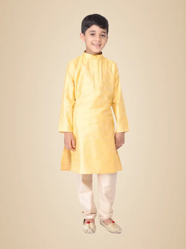 Yellow_Jacquard_Full_Sleeve_Regular_Fit_Printed_Kurta_Churidar_For_Kids