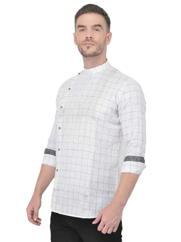 White_Cotton_Linen_Full_Sleeves_Regular_Checks_Short_Kurta_For_Men
