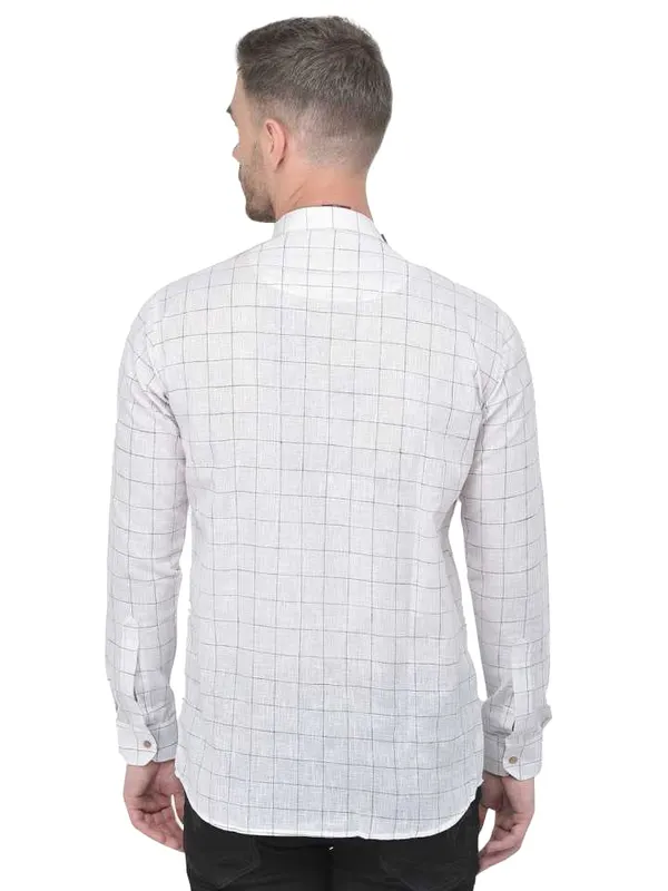 White_Cotton_Linen_Full_Sleeves_Regular_Checks_Short_Kurta_For_Men
