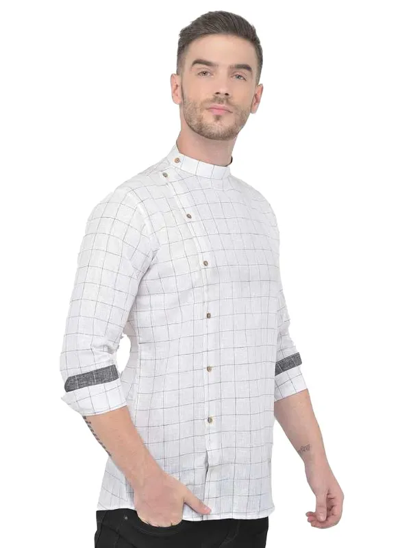 White_Cotton_Linen_Full_Sleeves_Regular_Checks_Short_Kurta_For_Men