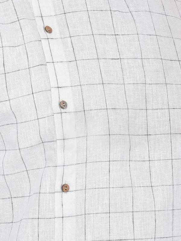White_Cotton_Linen_Full_Sleeves_Regular_Checks_Short_Kurta_For_Men