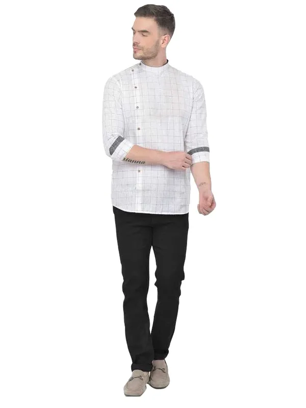 White_Cotton_Linen_Full_Sleeves_Regular_Checks_Short_Kurta_For_Men
