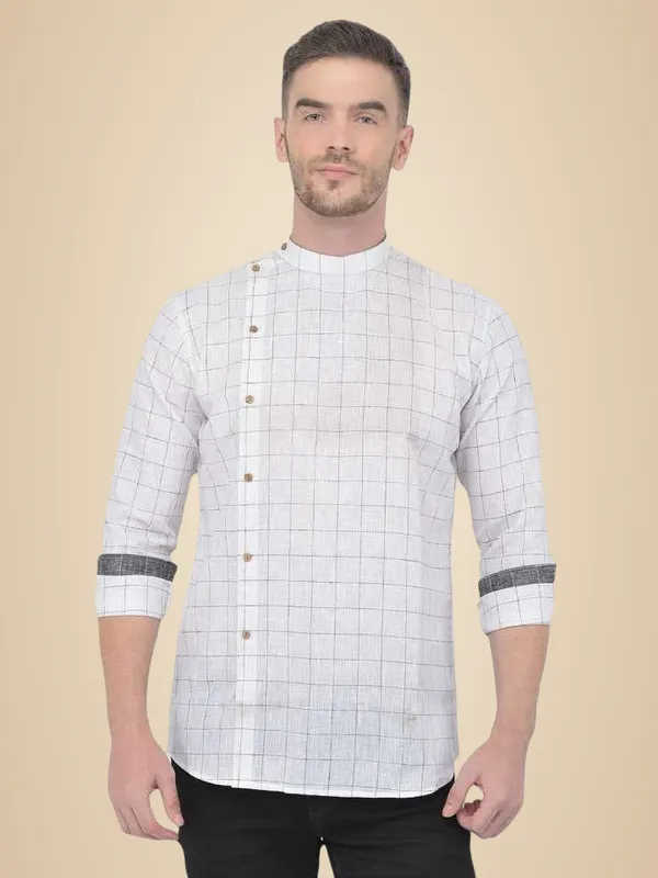 White_Cotton_Linen_Full_Sleeves_Regular_Checks_Short_Kurta_For_Men
