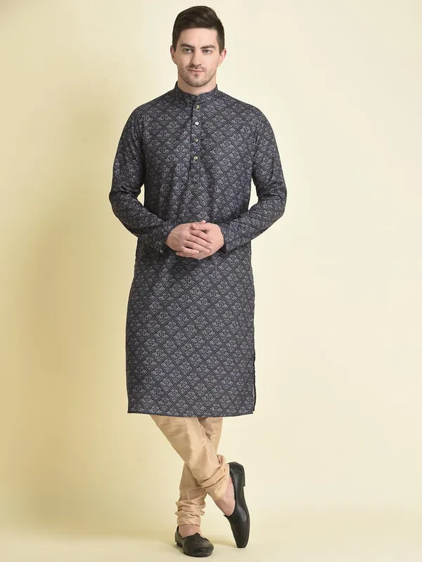 Blue_Cotton_Blue_Full_Sleeve_Regular_Fit_Printed_Kurta_Set_For_Men