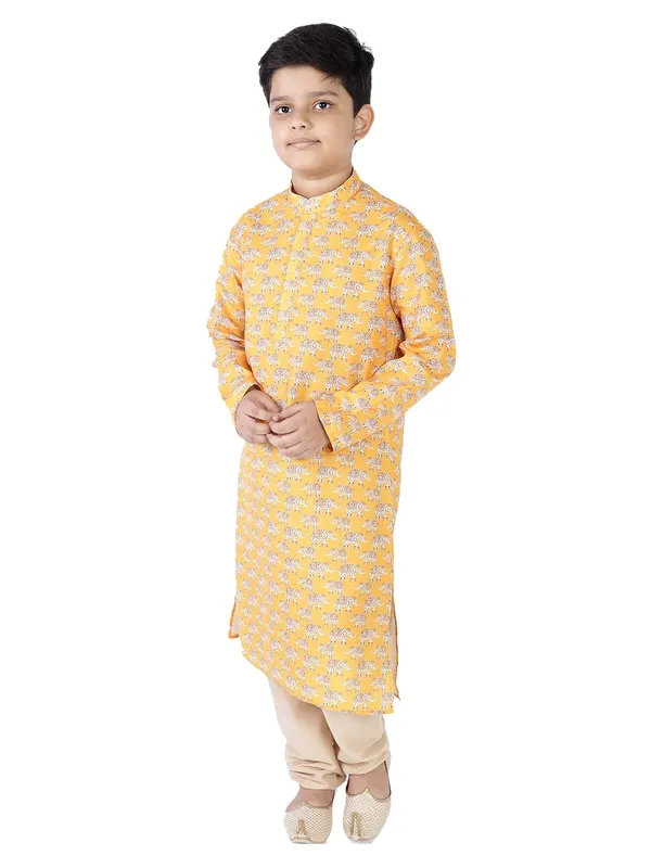 Yellow_Cotton_Full_Sleeve_Regular_Fit_Printed_Kurta_Churidar_For_Kids