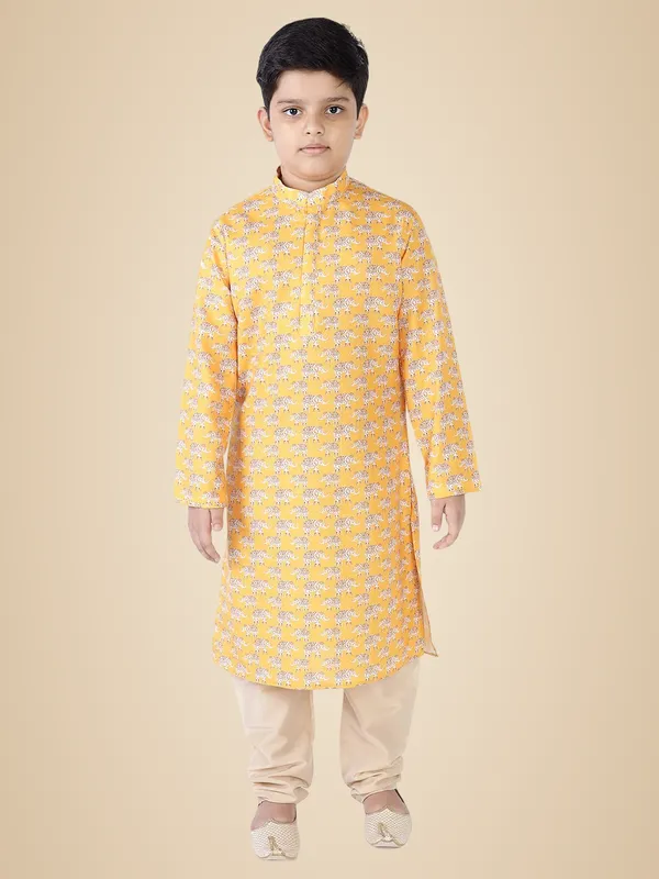 Yellow_Cotton_Full_Sleeve_Regular_Fit_Printed_Kurta_Churidar_For_Kids
