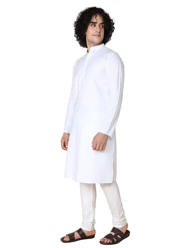 White_Cotton_White_Full_Sleeves_Regular_Plain_Kurta_Churidar_Set_For_Men