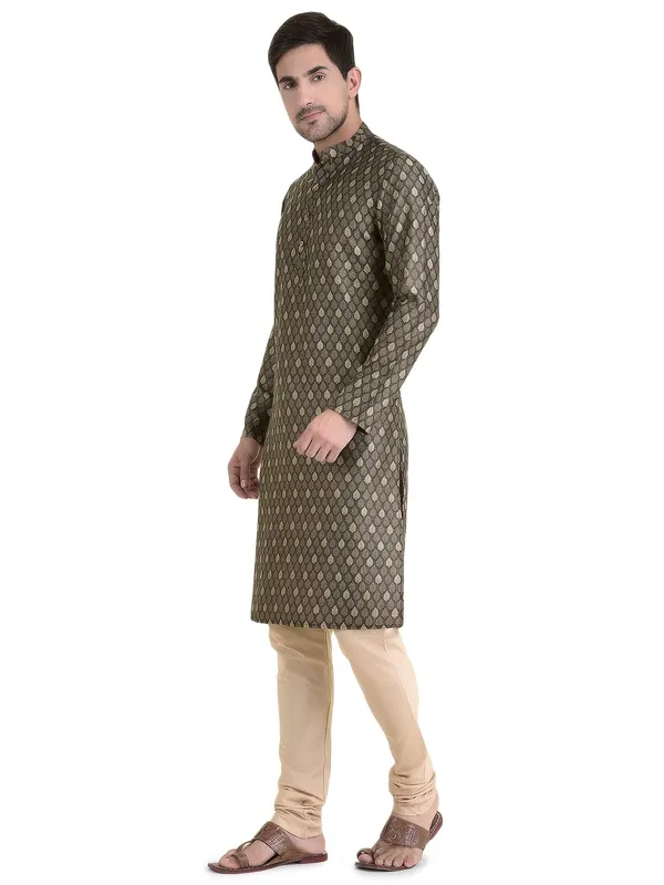 Brown_Cotton_Brown_Full_Sleeves_Regular_Printed_Kurta_Churidar_Set_For_Men