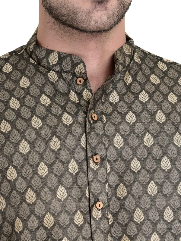 Brown_Cotton_Brown_Full_Sleeves_Regular_Printed_Kurta_Churidar_Set_For_Men