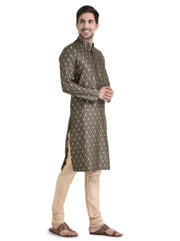 Brown_Cotton_Brown_Full_Sleeves_Regular_Printed_Kurta_Churidar_Set_For_Men