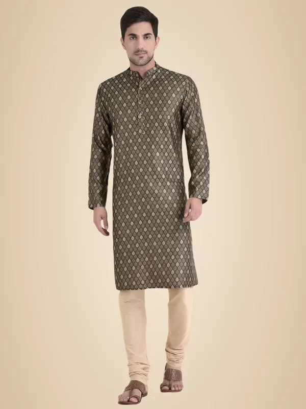 Brown_Cotton_Brown_Full_Sleeves_Regular_Printed_Kurta_Churidar_Set_For_Men