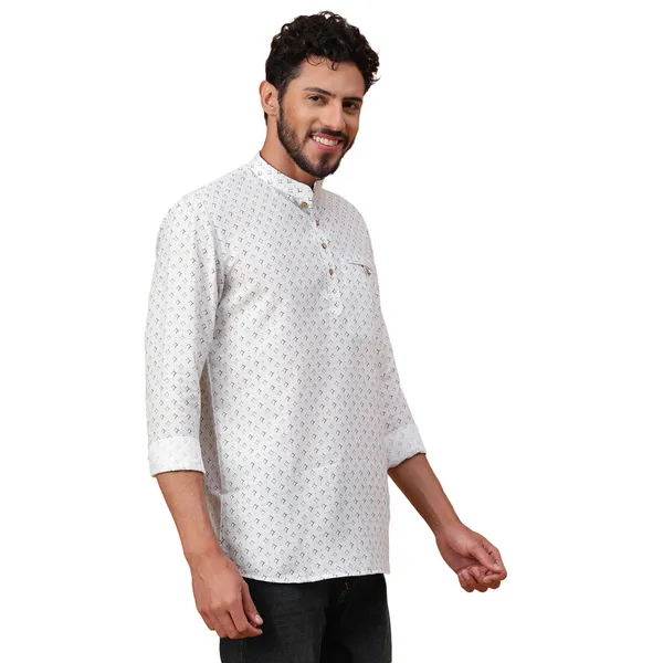 White_Cotton_Full_Sleeve_Regular_Fit_Printed_Short_Kurta_For_Men