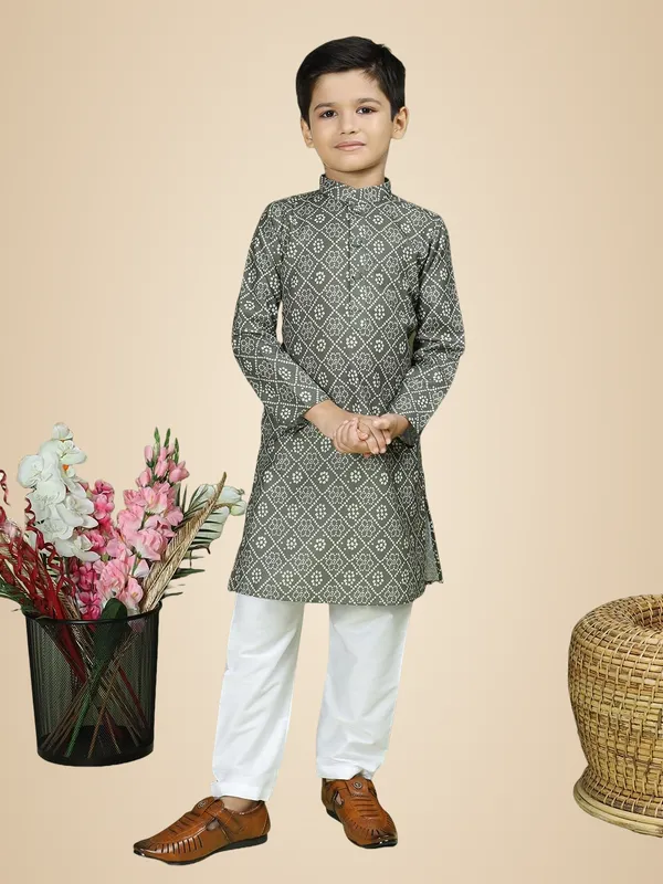 Green_Cotton_Full_Sleeve_Regular_Fit_Printed_Green_Kurta_Churidar_Set_For_Boy