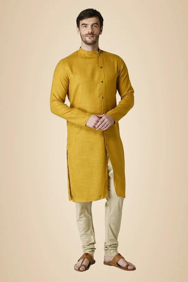 Mustard_Cotton_Full_Sleeve_Regular_Plain_Kurta_For_Men
