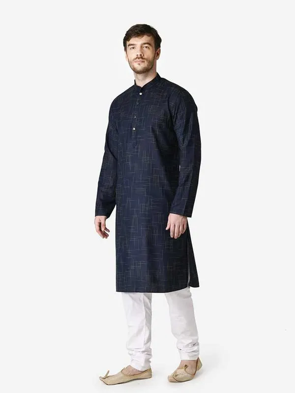 Blue_Cotton_Yellow_Full_Sleeve_Regular_Checks_Kurta_For_Men