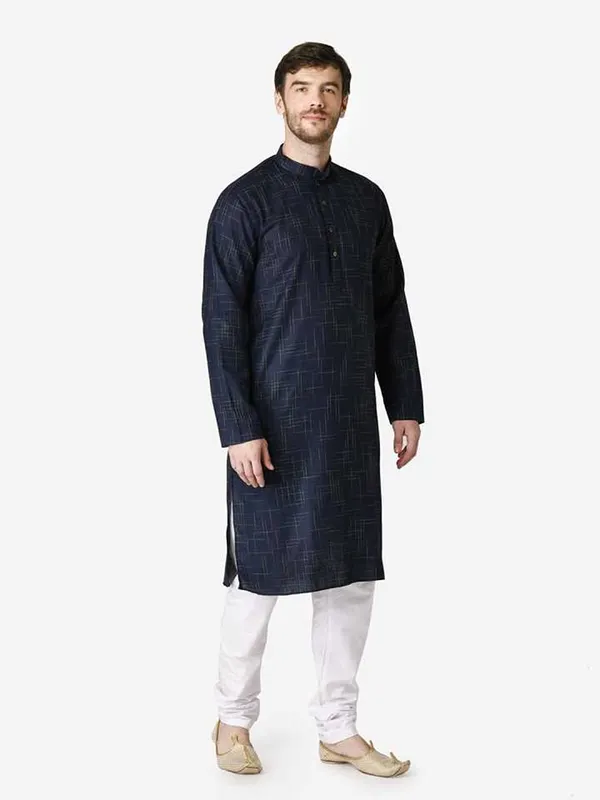 Blue_Cotton_Yellow_Full_Sleeve_Regular_Checks_Kurta_For_Men