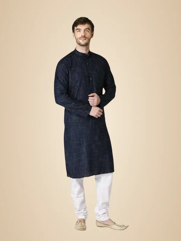Blue_Cotton_Yellow_Full_Sleeve_Regular_Checks_Kurta_For_Men