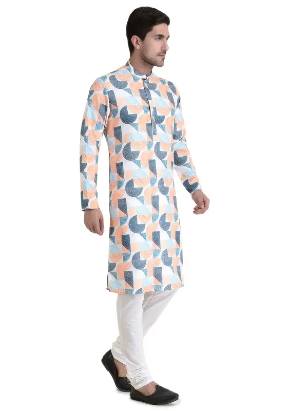 Orange_Cotton_Blue_Full_Sleeves_Regular_Printed_Kurta_Churidar_Set_For_Men