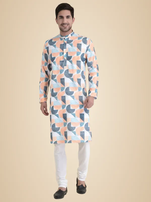 Orange_Cotton_Blue_Full_Sleeves_Regular_Printed_Kurta_Churidar_Set_For_Men