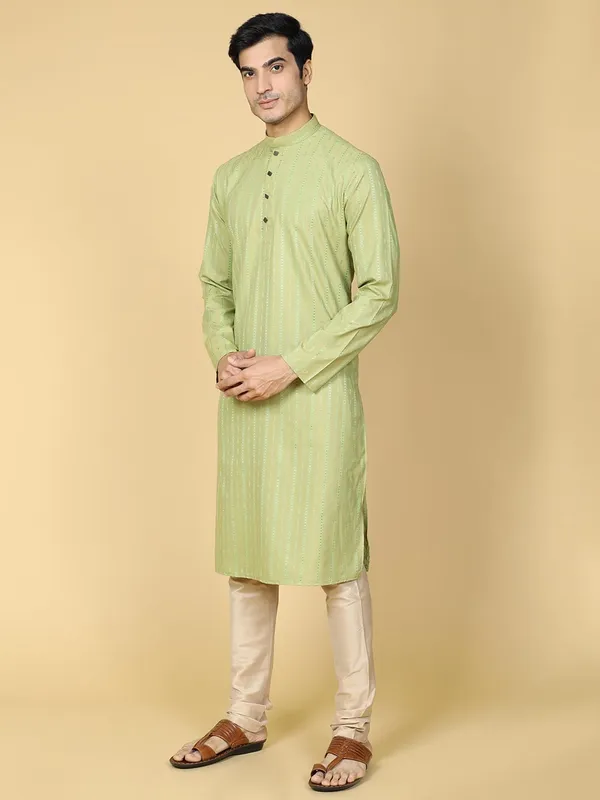 Green_Cotton_Full_Sleeve_Regular_Fit_Stripe_Green_Kurta_For_Men