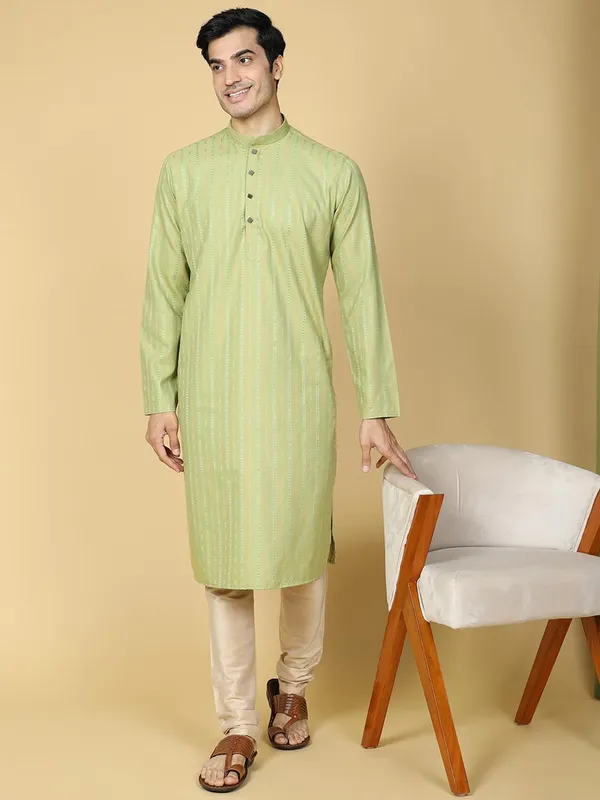 Green_Cotton_Full_Sleeve_Regular_Fit_Stripe_Green_Kurta_For_Men