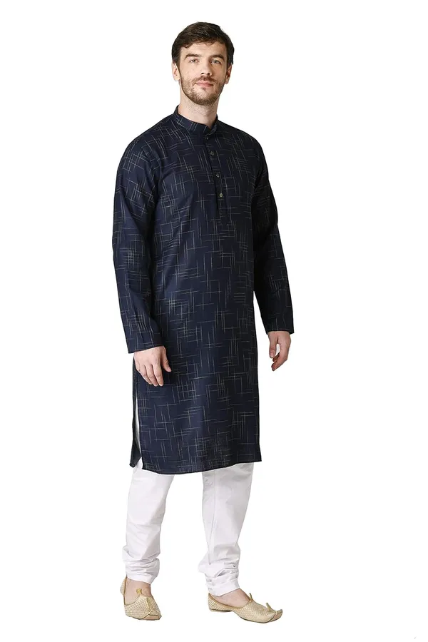 Blue_Cotton_Yellow_Full_Sleeve_Regular_Checks_Kurta_For_Men