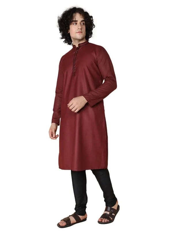 Marron_Cotton_Full_Sleeves_Regular_Plain_Kurta_Churidar_Set_For_Men