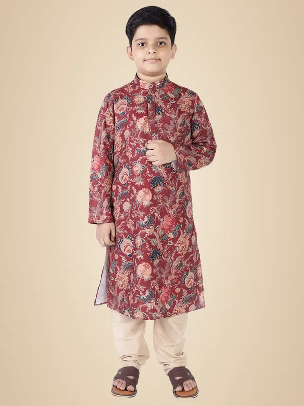 Maroon_Cotton_Full_Sleeve_Regular_Fit_Printed_Kurta_For_Kids