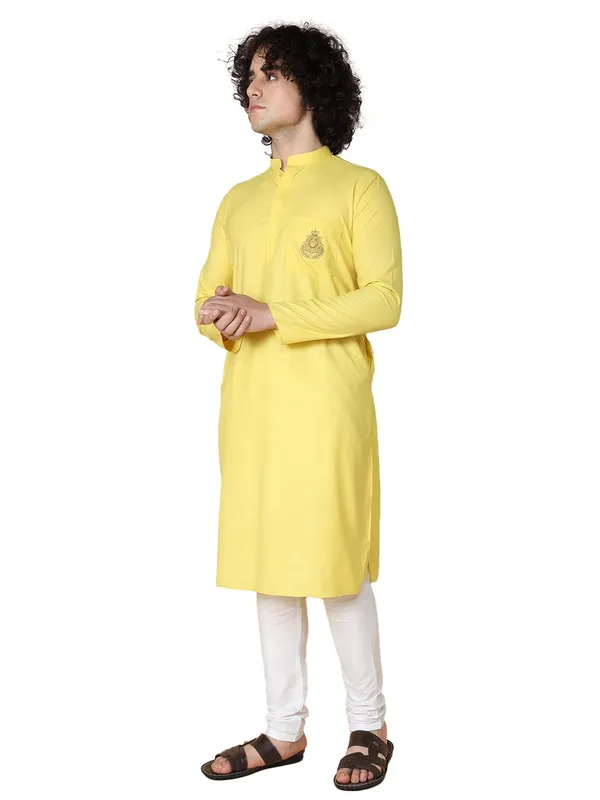 Yellow_Cotton_Full_Sleeve_Regular_Embroidery_Kurta_Churidar_Set_For_Men