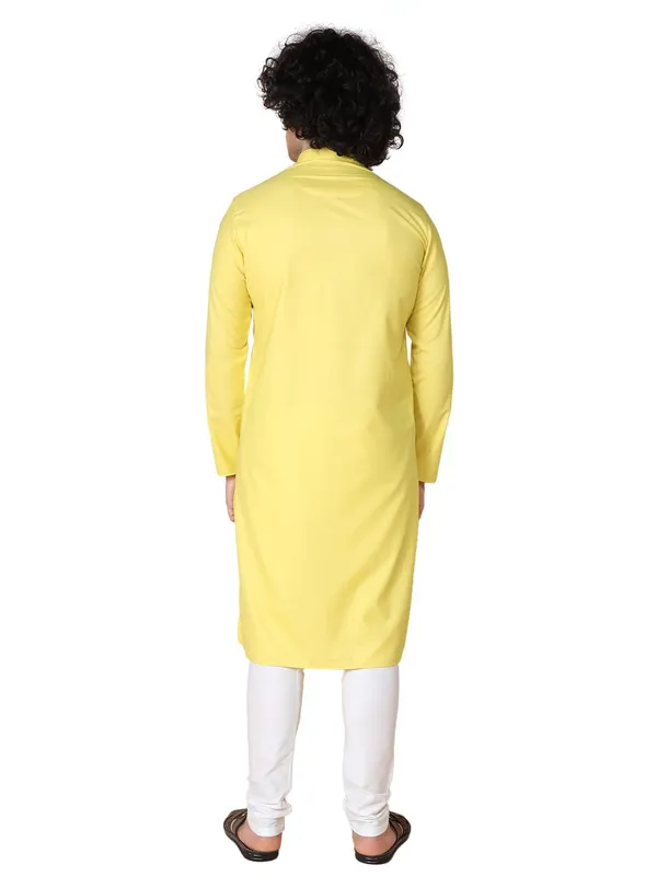 Yellow_Cotton_Full_Sleeve_Regular_Embroidery_Kurta_Churidar_Set_For_Men