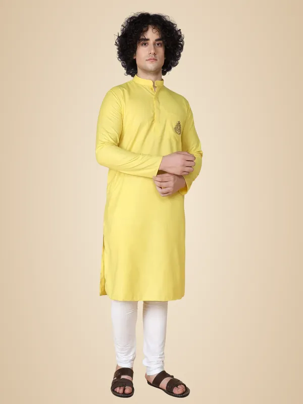 Yellow_Cotton_Full_Sleeve_Regular_Embroidery_Kurta_Churidar_Set_For_Men