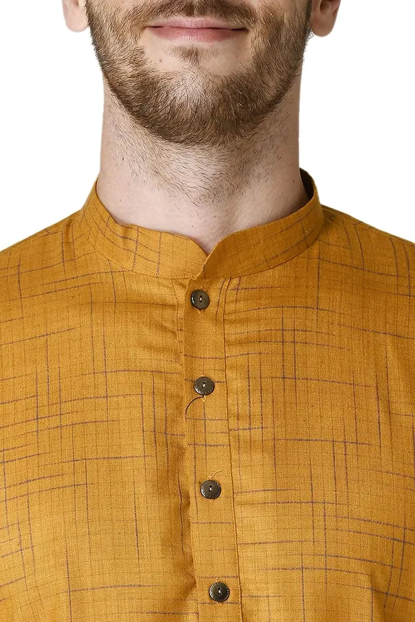 Yellow_Cotton_Yellow_Full_Sleeve_Regular_Checks_Kurta_For_Men